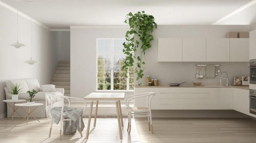 Køkken med planter og hvide elementer 