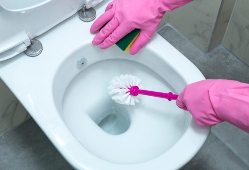 Rengøring af toilet med svamp og børste.