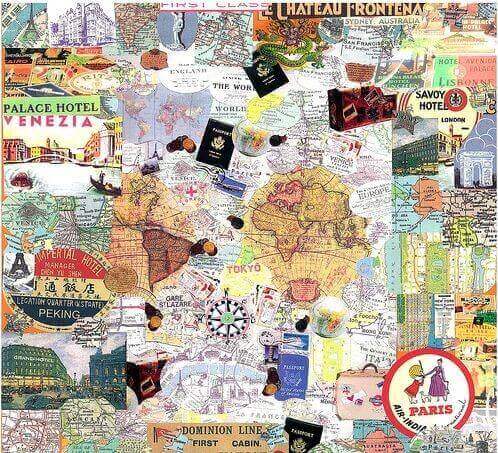 collage med verdenskort til folk der elsker at rejse