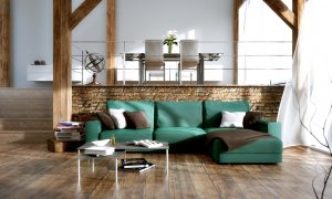 Helles Wohnzimmer mit einer grünen Couch