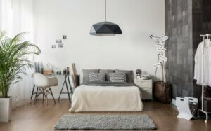 Stilvolle Schlafzimmer mit einer grauen Thematik