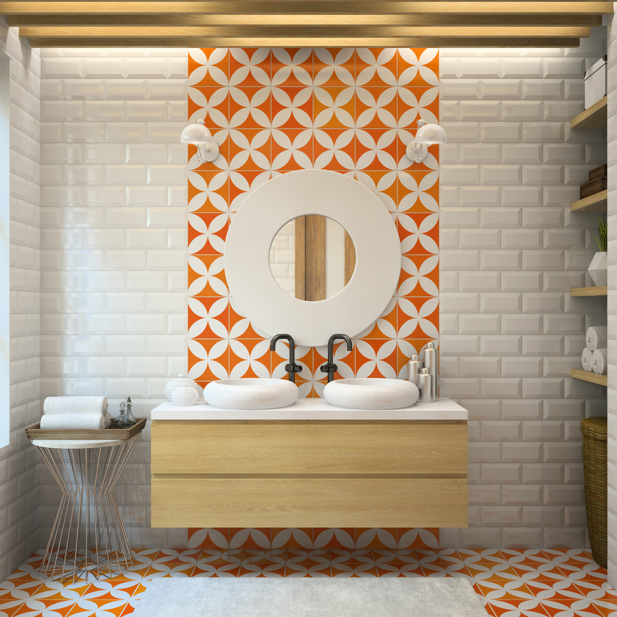 Baño de estilo moderno con azulejos en naranja para el suelo y la pared