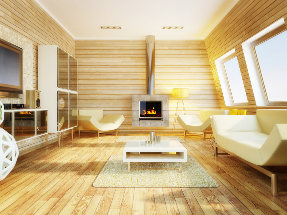 Salón con paredes y suelo de madera clara