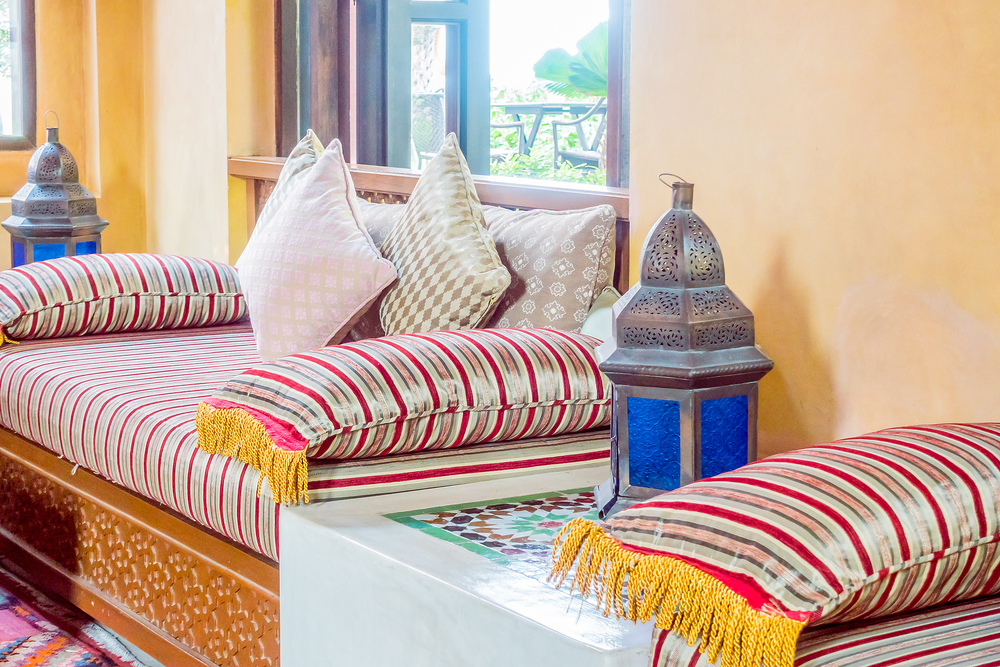 Colorful Moroccan-style fabrics and pillows.