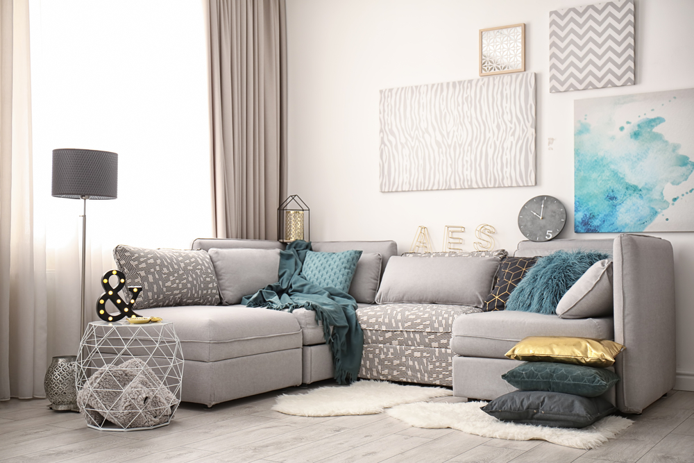 Gray L-shaped sofa.