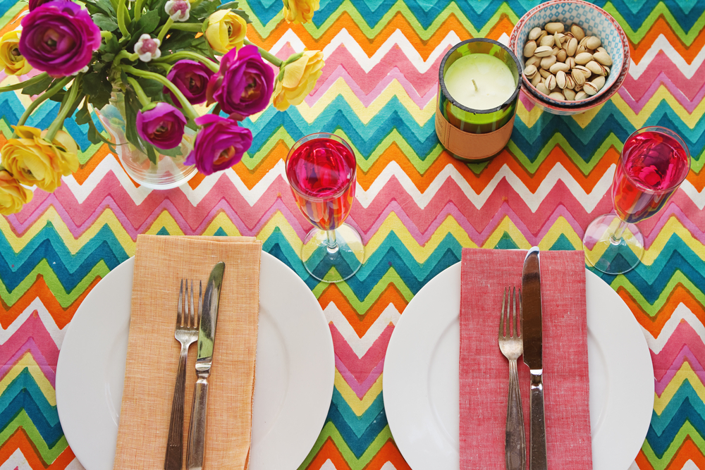 Colored linen tablecloth.