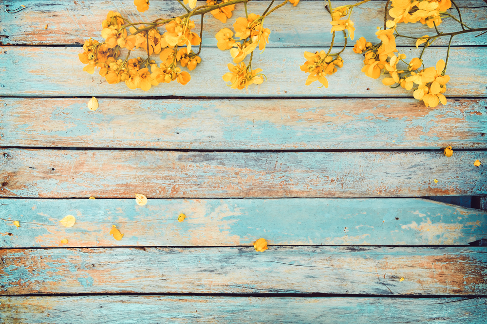Madera desgastada en color azul con flores amarillas