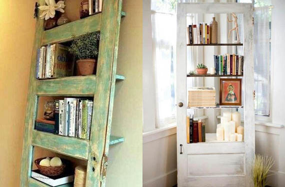 Recycled doors as shelves.