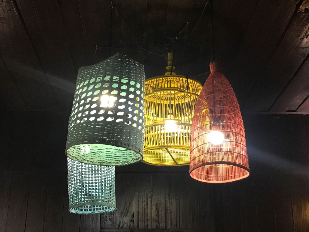 Colored ceiling lamps.