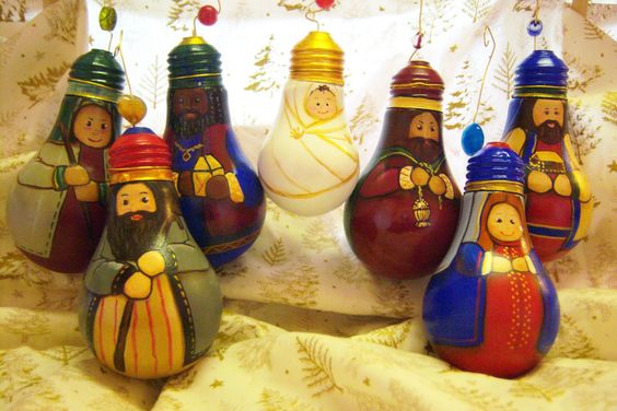 Light bulb nativity scene using waste