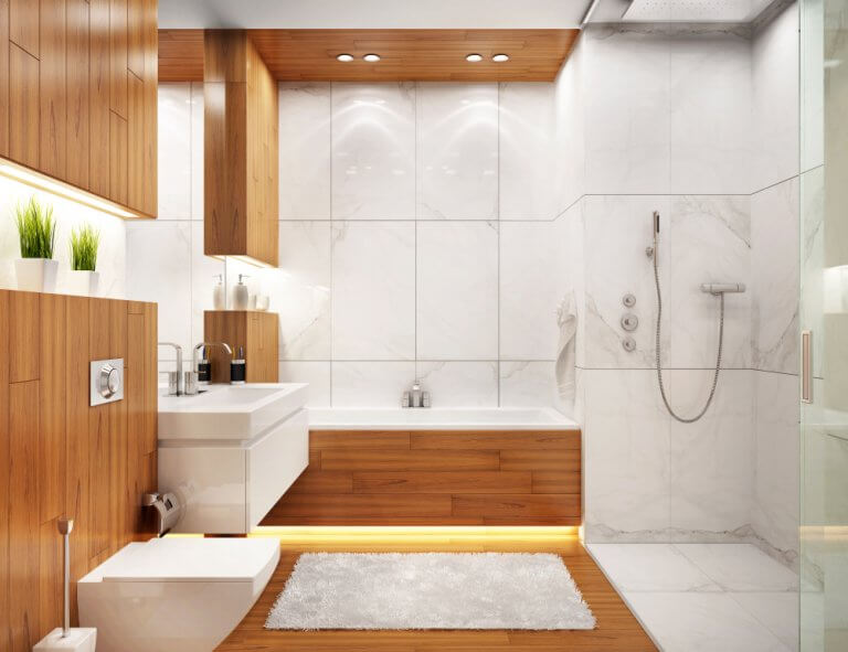 Diseño de baño moderno con madera y piedra
