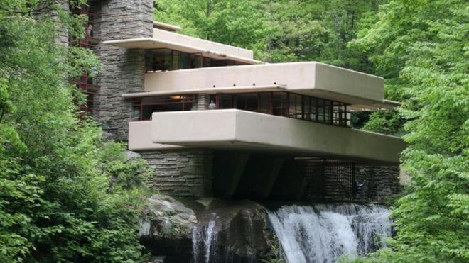 A pristine forest surrounds Fallingwater.