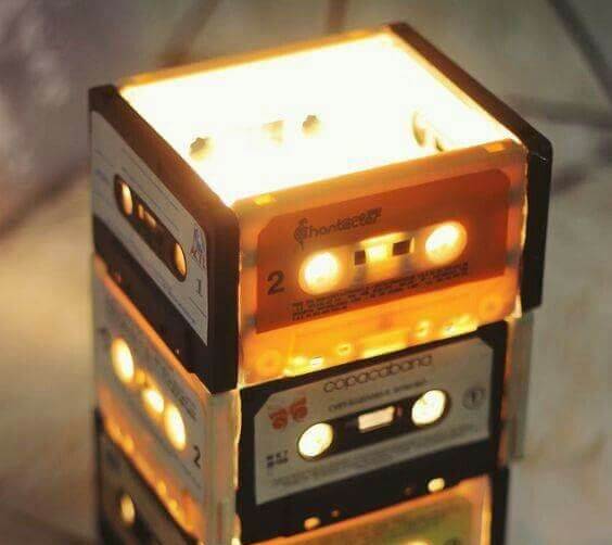 A lamp made from cassettes.