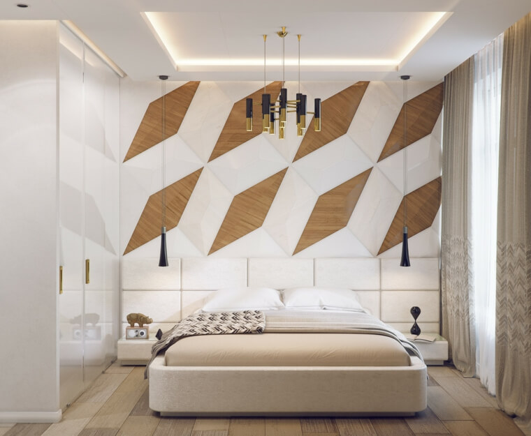 Dormitorio con geometría en 3D.