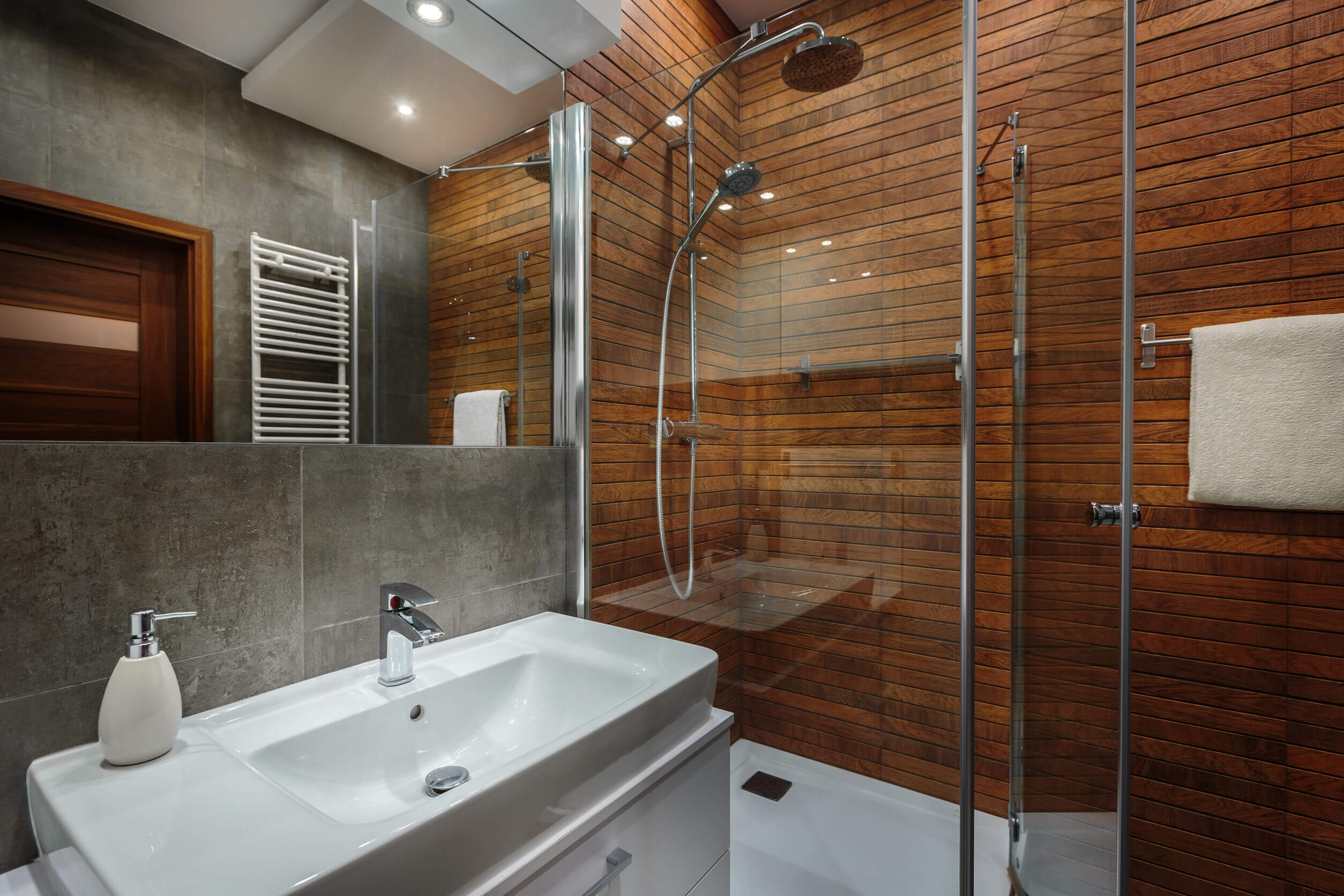 Wooden showers for different bathrooms