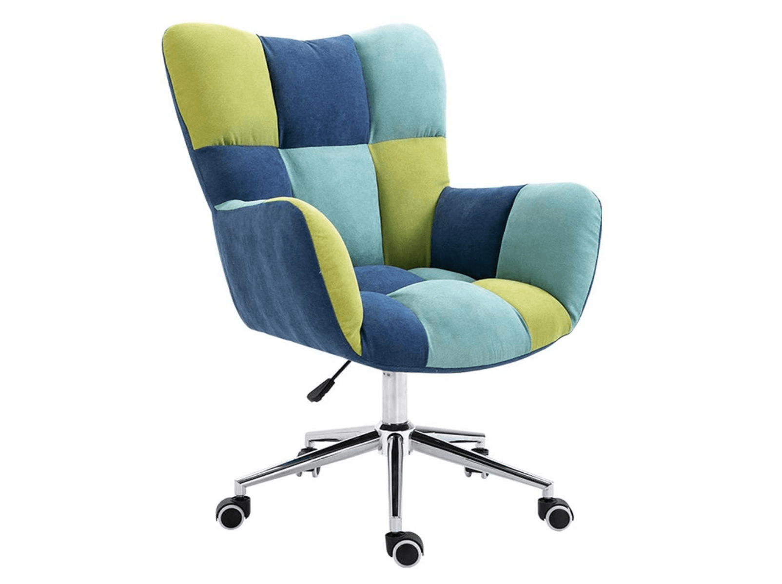 A checked office chair in blue, teal, and apple green.