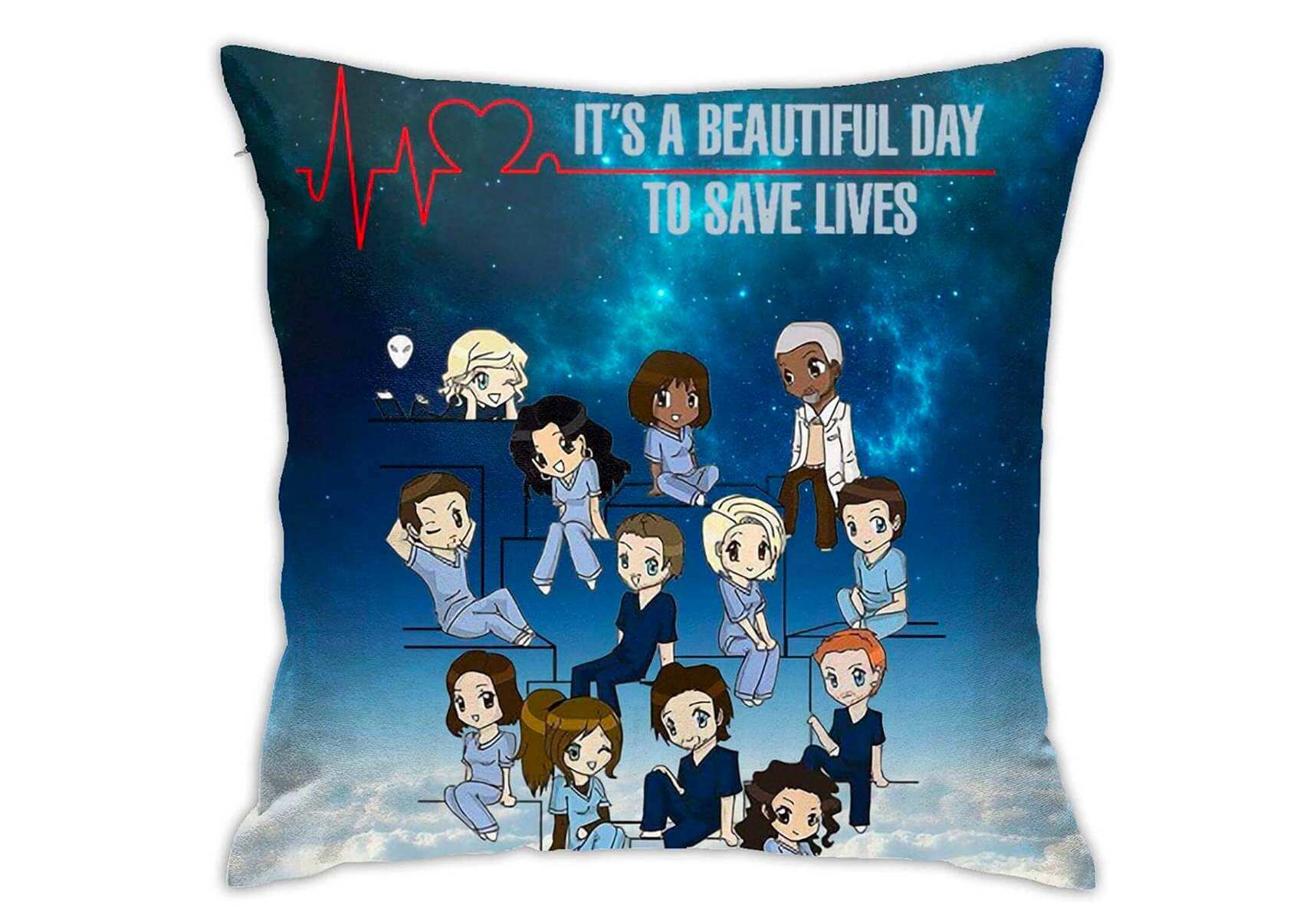 A throw pilllow with anime drawings of health professionals and the text "It's a beautiful day to safe lives".
