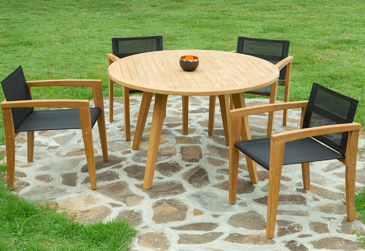 Wooden patio furniture with Textilene seats and backs.