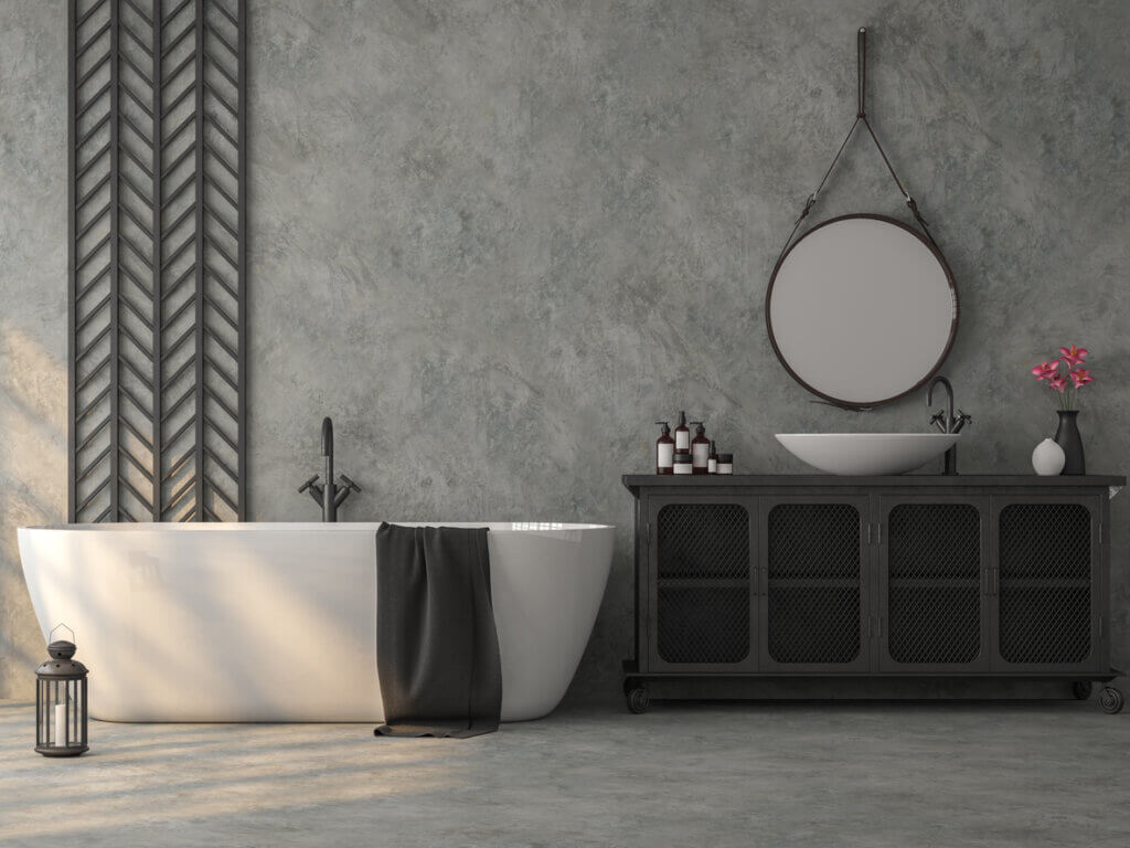 Polished cement repels water, making it ideal for use in humid spaces such as the bathroom.