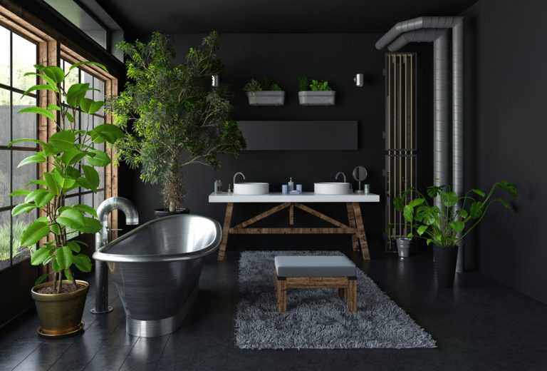 bagno con pareti nere, piante e vasca in acciaio