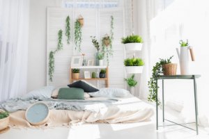 Camera da letto decorata con piante