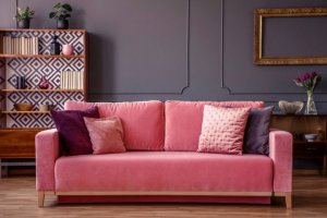Salotto arredato con divano di velluto rosa