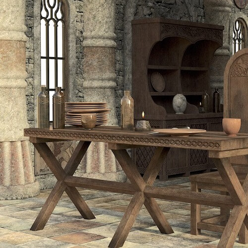 tavolo sedia e stoviglie in stile medioevale