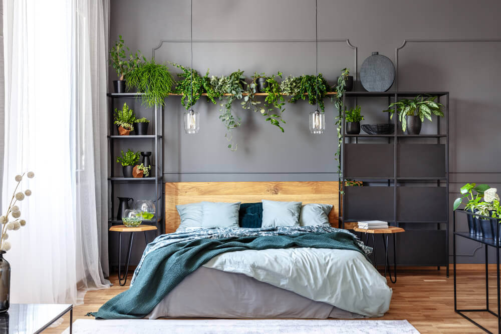 グレイの壁の寝室と木を融合させたアイディアデザイン