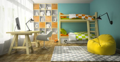 Küçük yaşam alanları için turuncu ve turkuaz renklerde ranzalı çocuk odası