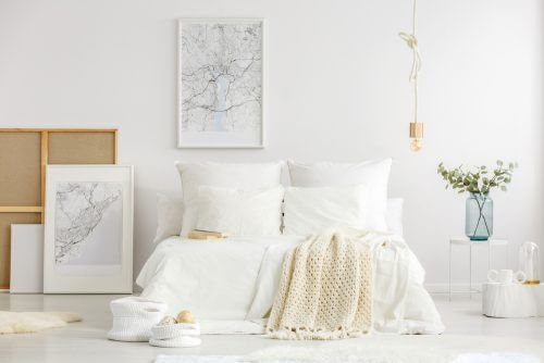 Tablo ve bitkilerle dekore edilmiş beyaz yatak odası