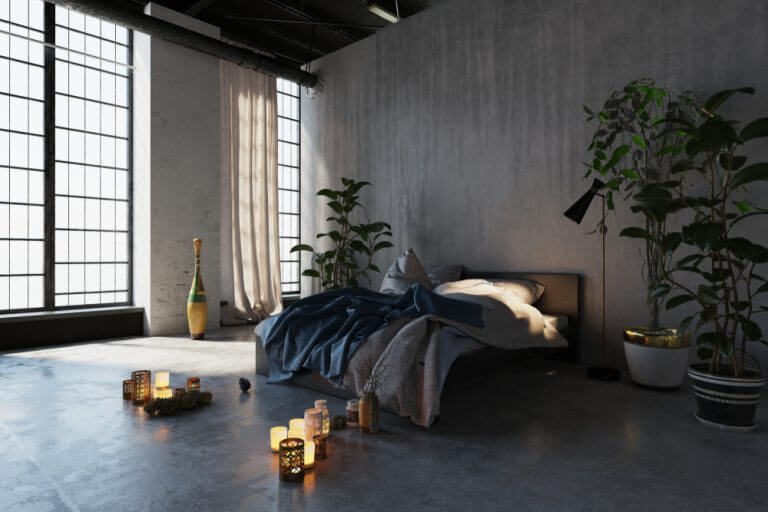 Mikro beton kullanılmış sade yatak odası
