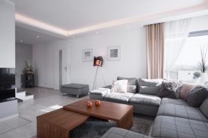 A gray, neutral living room.