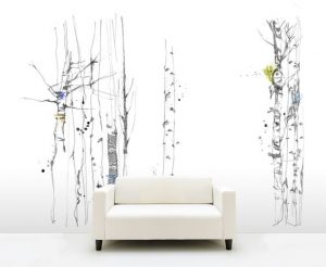 Wallpaper with trees and a couch in front.