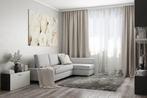 A white, minimal living room.