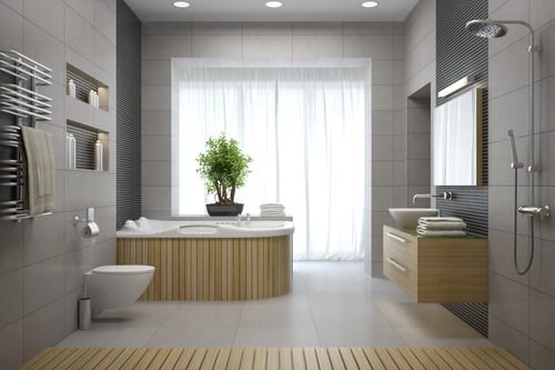 An eco-friendly bathroom with bamboo furnishings.