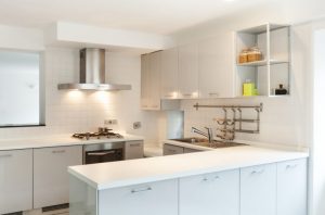 A white, bright kitchen.