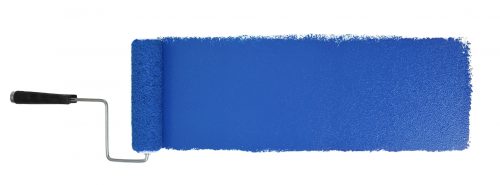 A paint roller painting with dark blue.