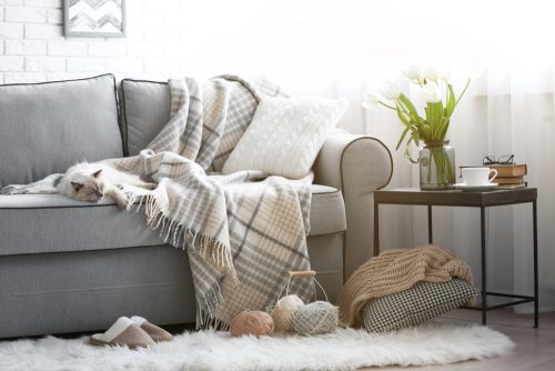 Blankets, cushions and rugs contribute to a cozy living room