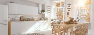 This Nordic style kitchen balances white and wooden elements.
