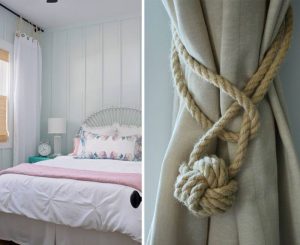 Using rope tiebacks for your living room curtains will look great with the rustic style.