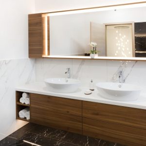 A wood-marble combo looks great in any modern bathroom.