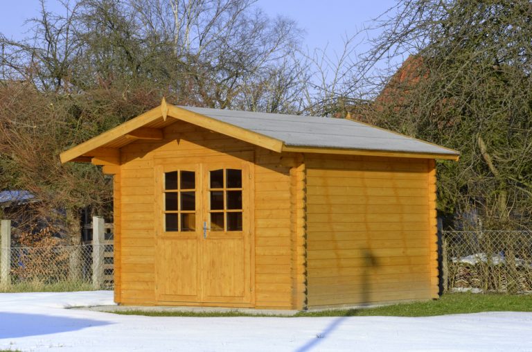 A garden shed in winter.