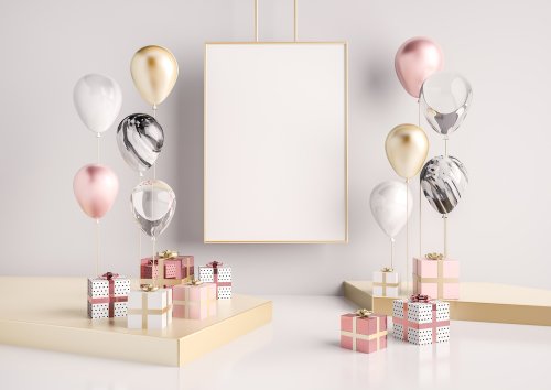 Pink, white, silver and gold balloons attache to gifts