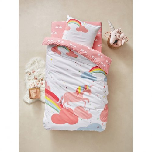 White comforters with a pink unicorn on a rainbow.