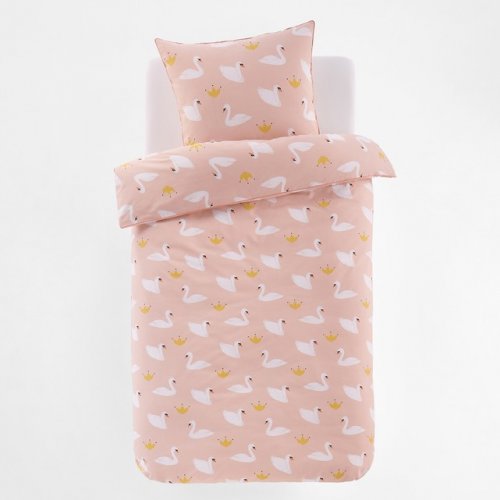 Pink comforter with white swan design