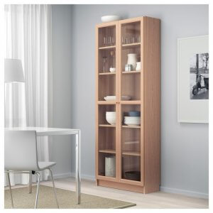Wood and glass shelves with doors will ensure the contents are safe from harm.