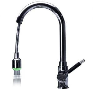 Curved faucet with different colored led light around the spout