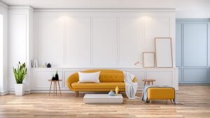 A mid century modern style should include timber floors, furniture with simple shapes and plants