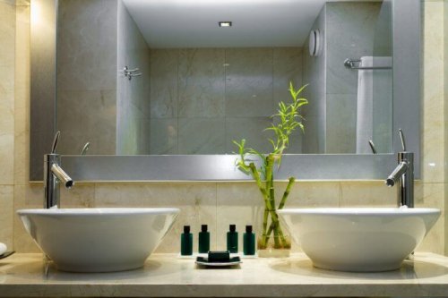 bathroom with bamboo branches on sink