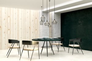 dining room with hanging lamps